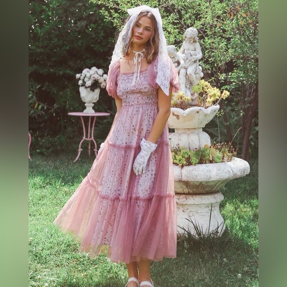 Floral Tulle Mesh Flowy Maxi Dress | Garden Party Cottagecore Wedding Guest - Picture 1 of 16